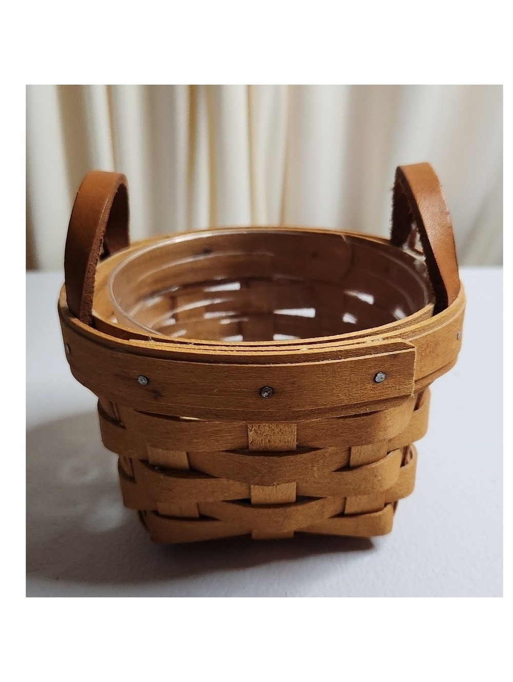 Longaberger 1997 Handwoven Small Round Basket with Leather Handles and Liner
